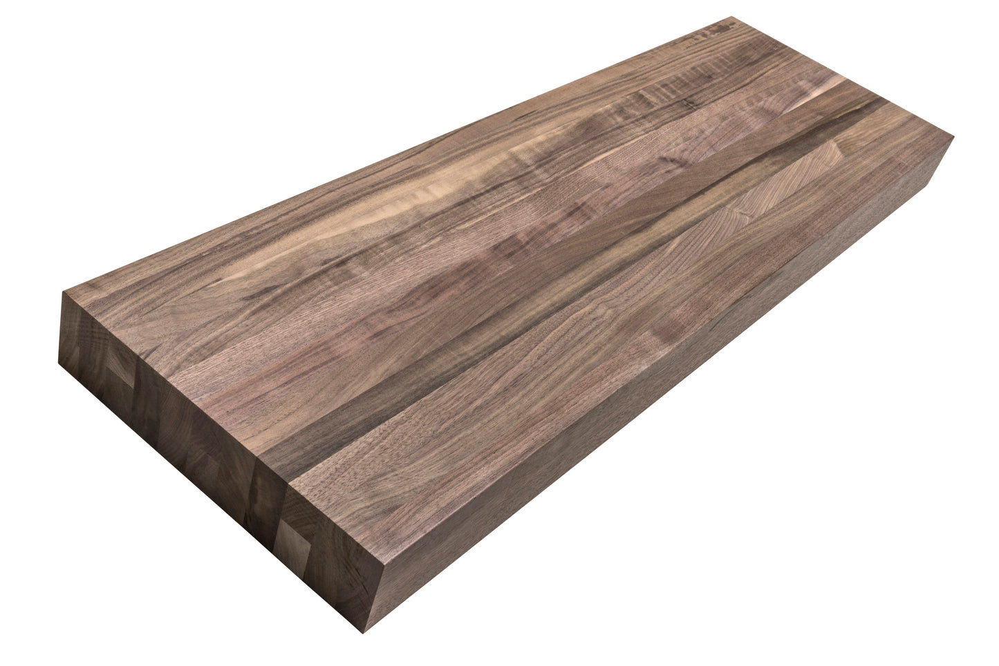 Unfinished walnut thick floating stair tread, square-edge studio profile