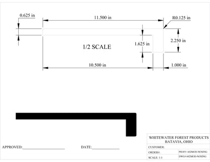 Dimension drawing of 602MOD modern retrofit stair tread, 5/8 by 11.5 inches with square nosing