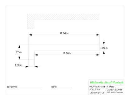 Dimension drawing of 1-inch modern stair tread with 2.5-inch square nosing, 12 inches deep