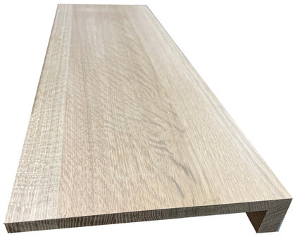 Unfinished quartersawn white oak modern retrofit stair tread showing ray fleck, square nosing