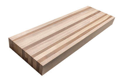 Unfinished hickory thick floating stair tread, square-edge studio profile