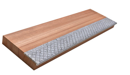 Custom floating stair tread with a diamond-plate metal anti-slip nosing